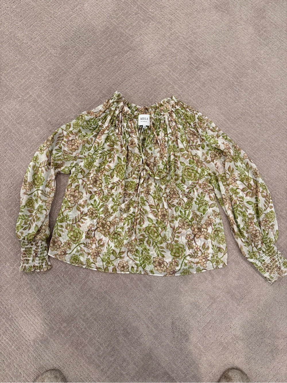 MISA Los Angeles Green and Brown Floral Smocked Peasant Blouse